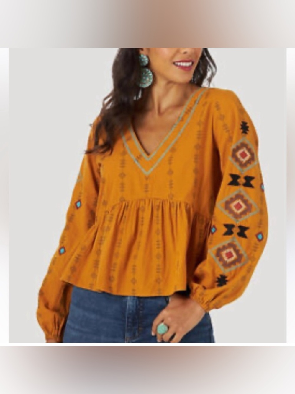 Wrangler Retro Embroidered V-Neck Peasant Top. NWT. L